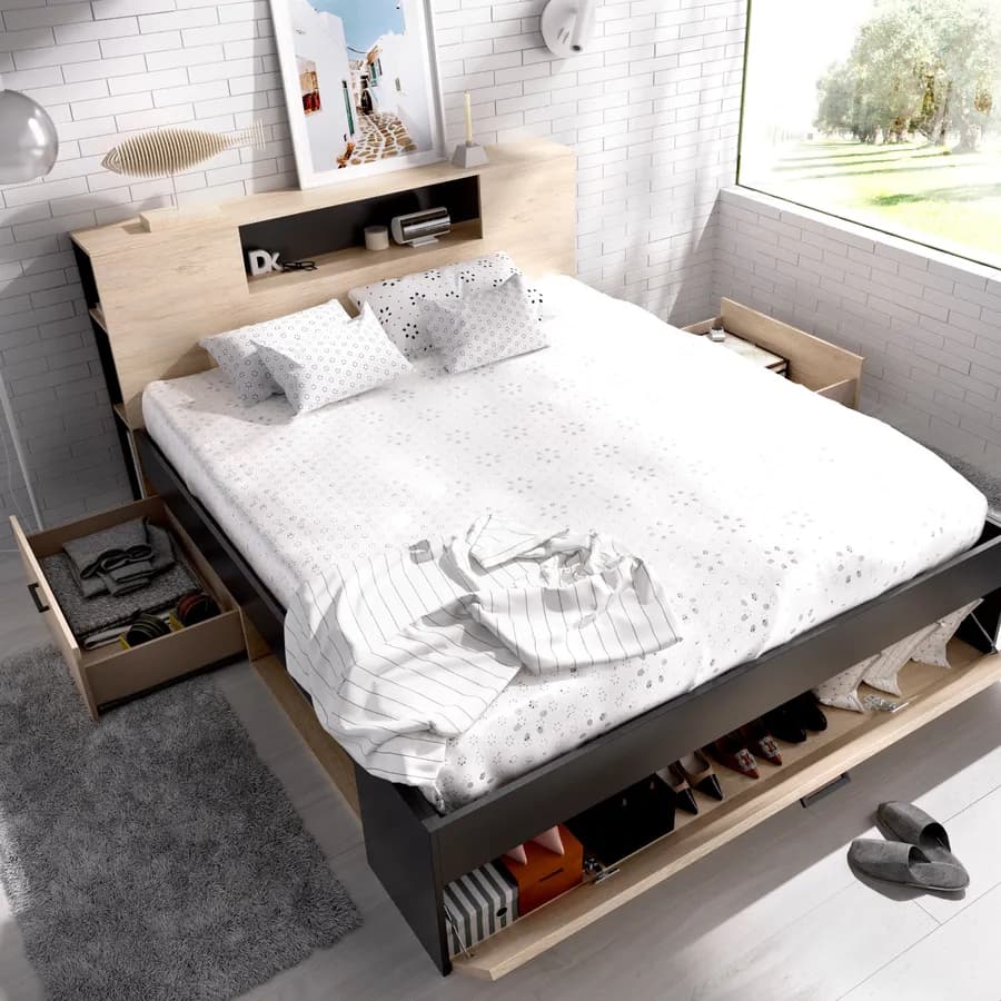 Letto matrimoniale 160x200 in legno naturale e grafite con vani e cassetti - Kygo