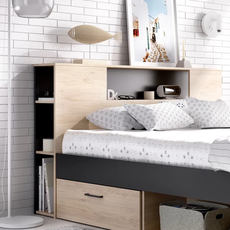 Letto matrimoniale 160x200 in legno naturale e grafite con vani e cassetti - Kygo