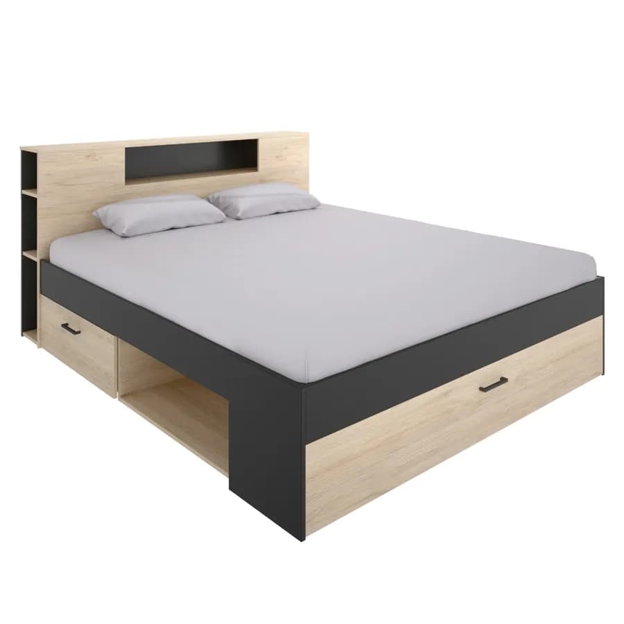 Letto matrimoniale 160x200 in legno naturale e grafite con vani e cassetti - Kygo