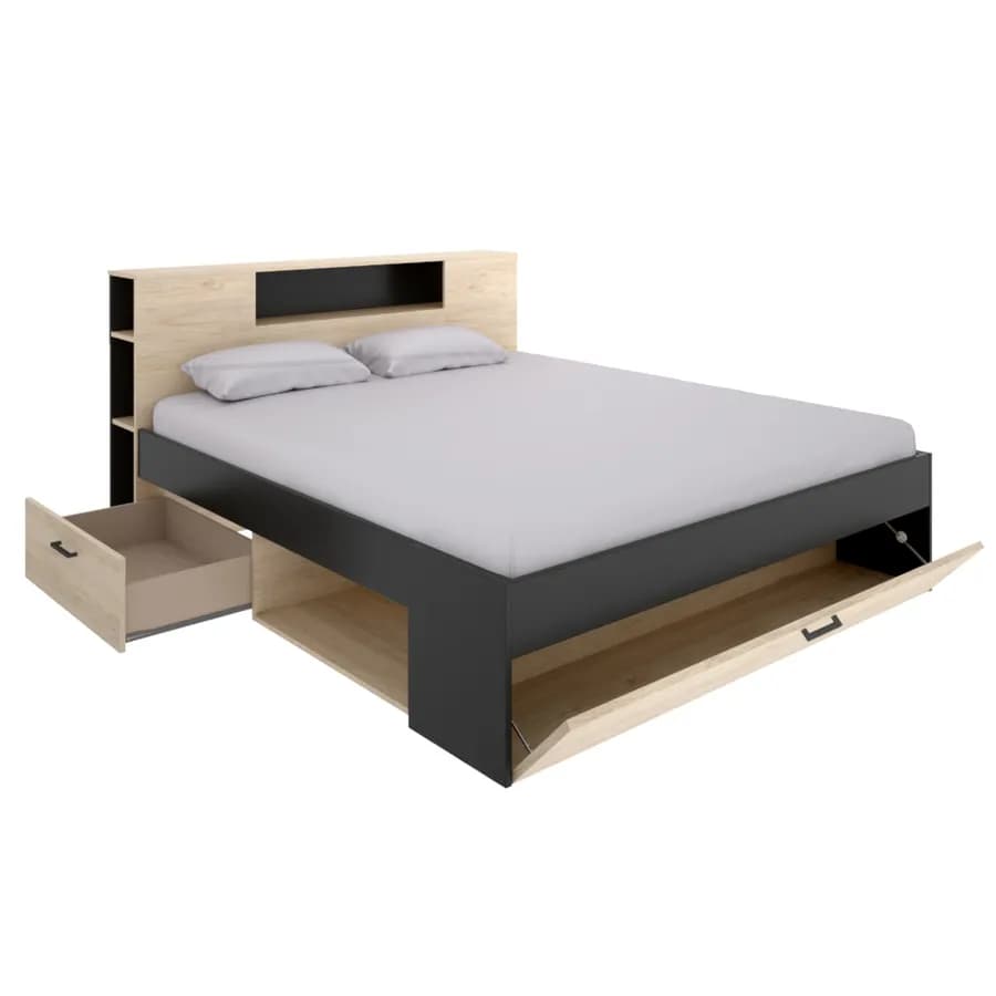 Letto matrimoniale 160x200 in legno naturale e grafite con vani e cassetti - Kygo