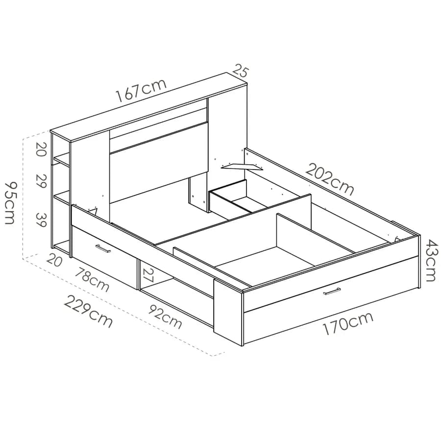 Letto matrimoniale 160x200 in legno naturale e grafite con vani e cassetti - Kygo