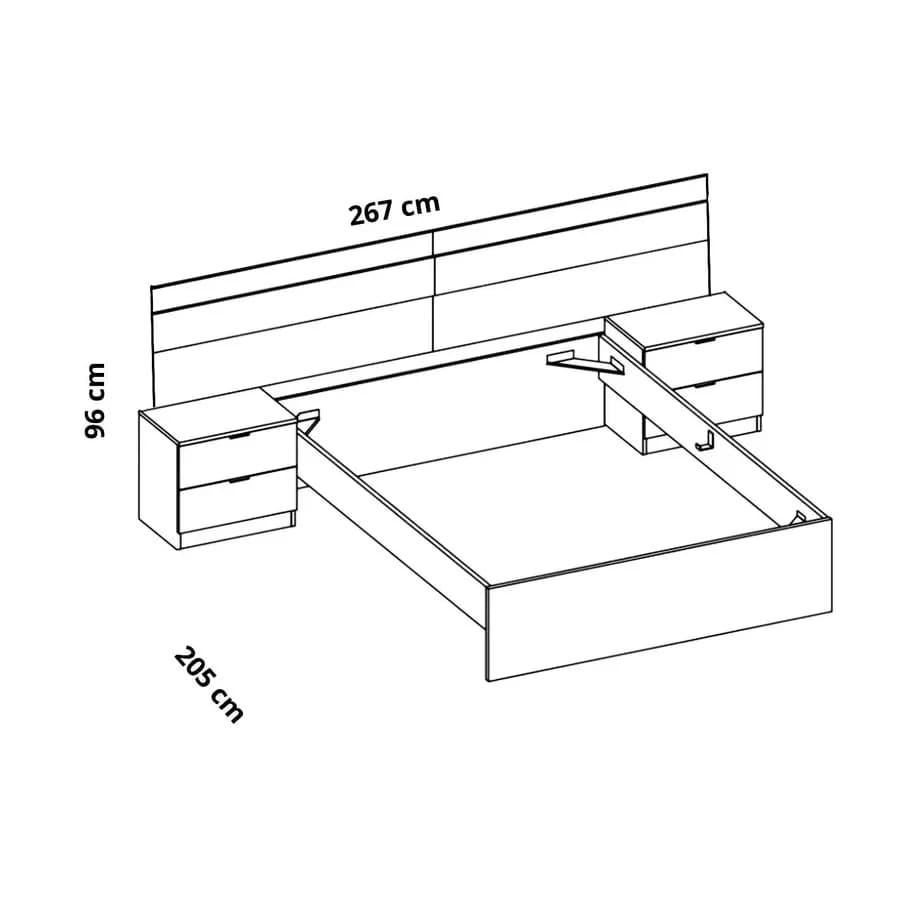 Letto matrimoniale 160x200 cm bianco ed effetto rovere naturale con testata e 2 comodini - Sogno
