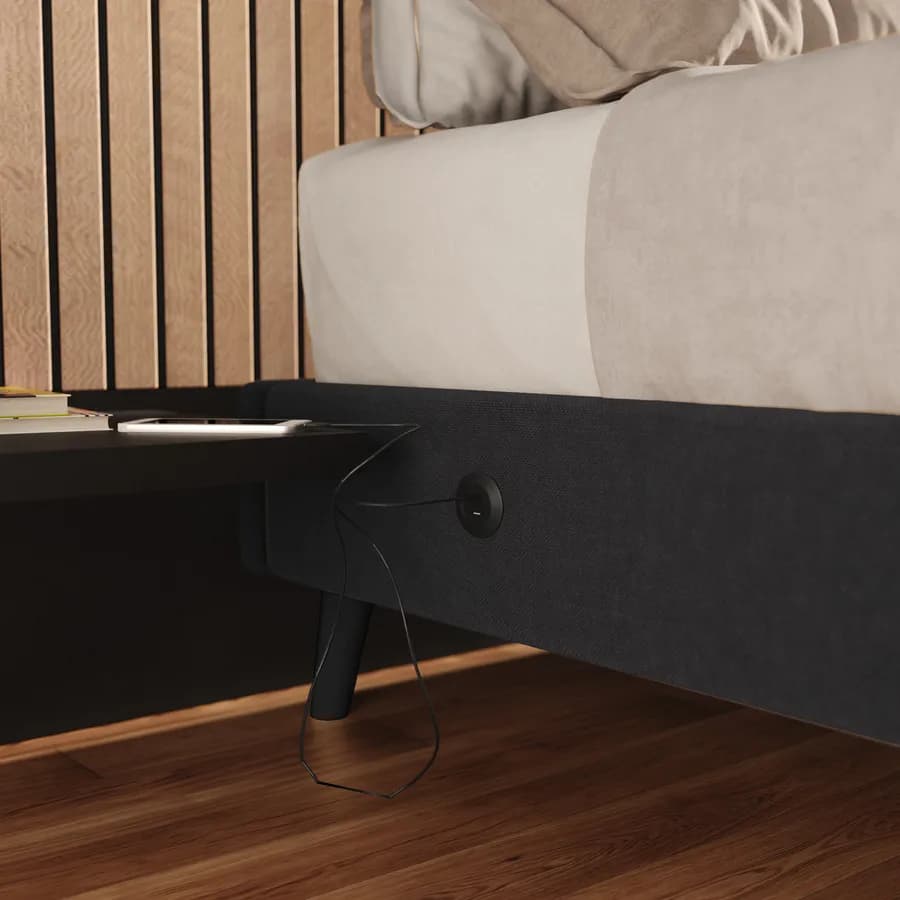 Letto matrimoniale sommier 160x190 cm in tessuto nero con prese USB laterali - Columbus