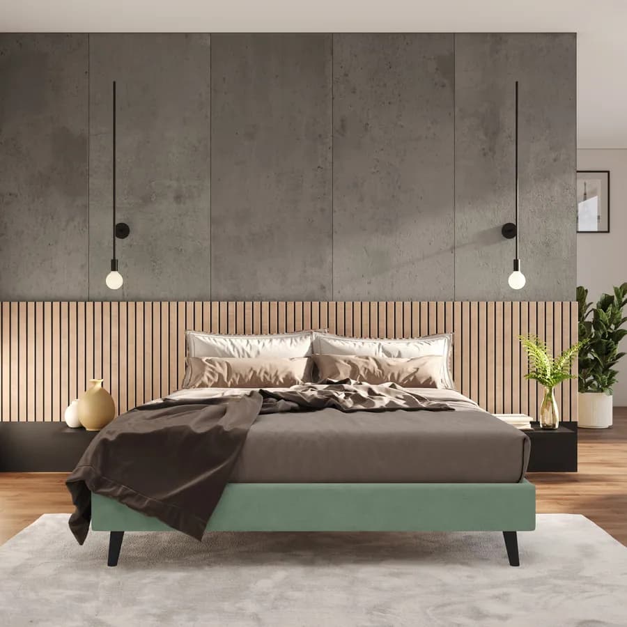 Letto matrimoniale sommier 160x190 cm in tessuto verde salvia con prese USB laterali - Columbus