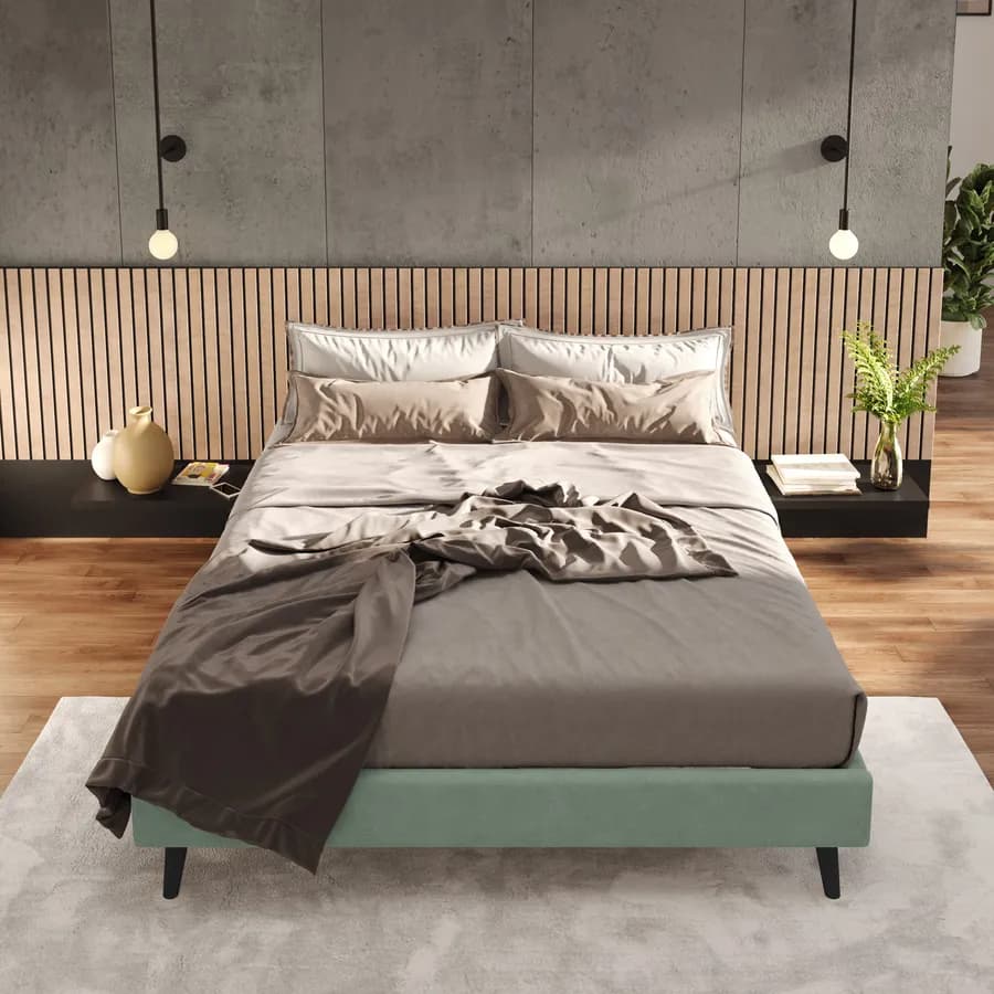 Letto matrimoniale sommier 160x190 cm in tessuto verde salvia con prese USB laterali - Columbus