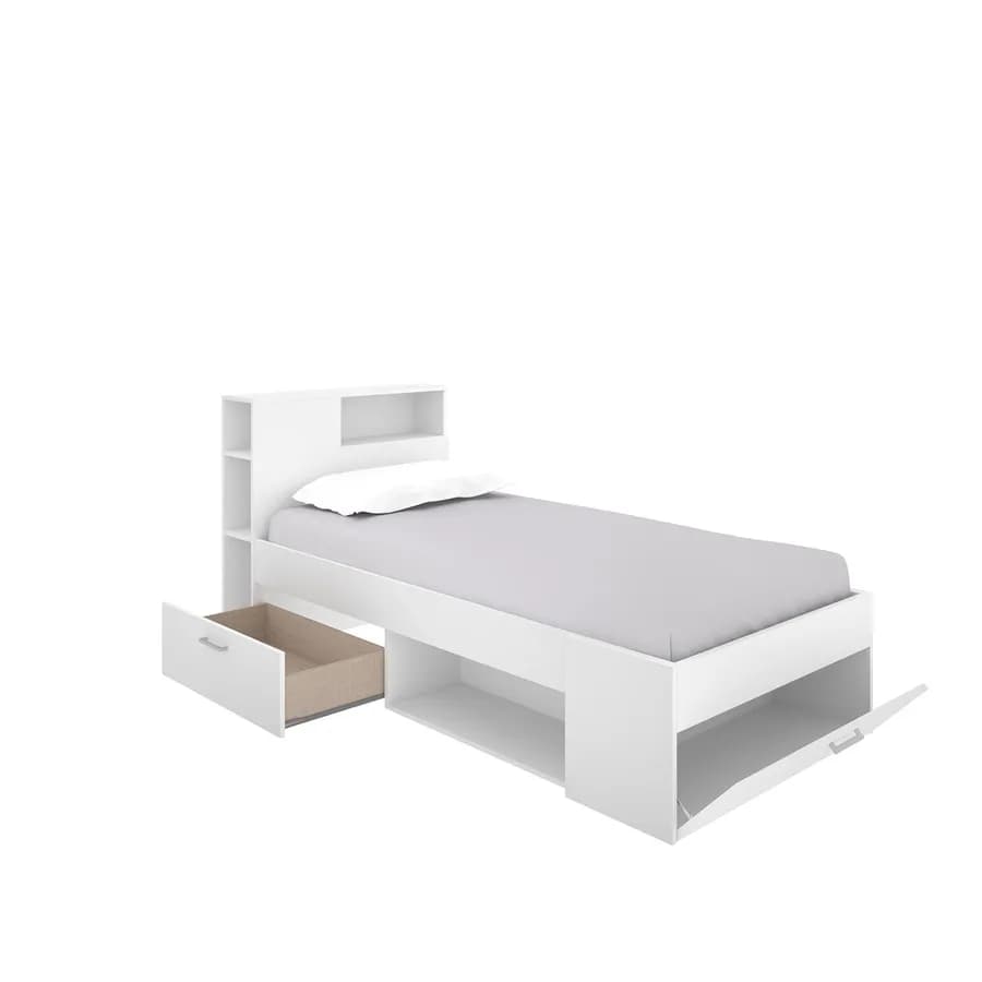 Letto singolo 90X190 cm in legno bianco con vani e cassetti - Kygo
