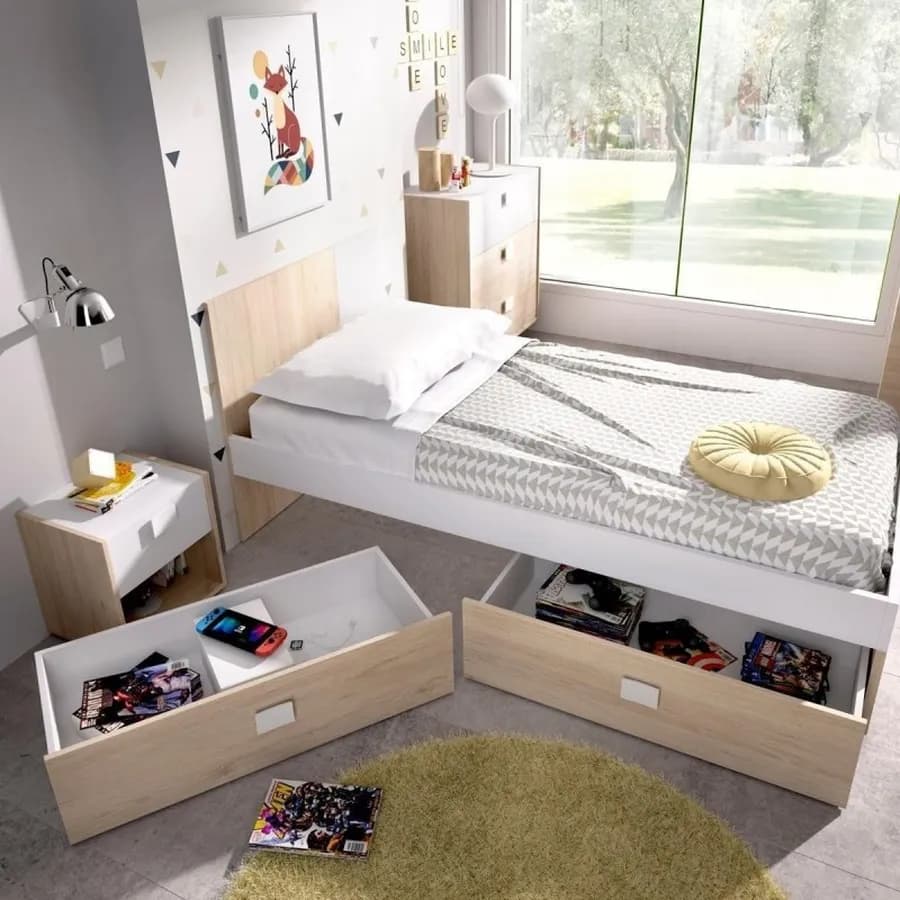 Letto singolo 90X190 in legno bianco e naturale con due cassetti inferiori - Dinasty