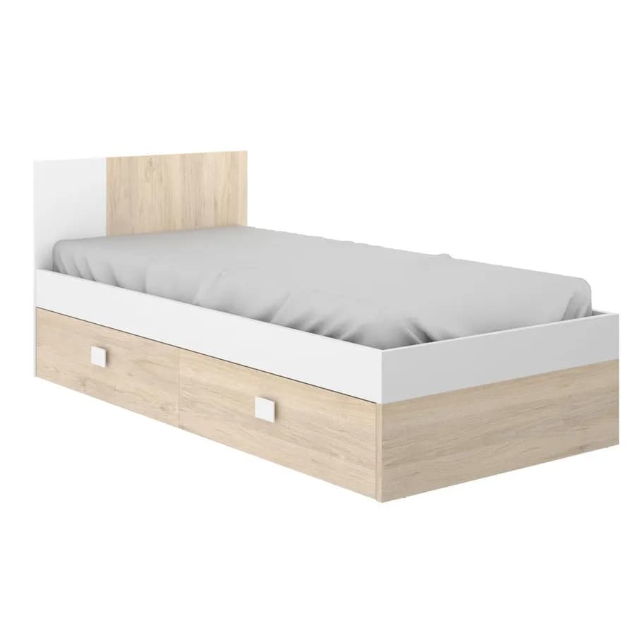 Letto singolo 90X190 in legno bianco e naturale con due cassetti inferiori - Dinasty