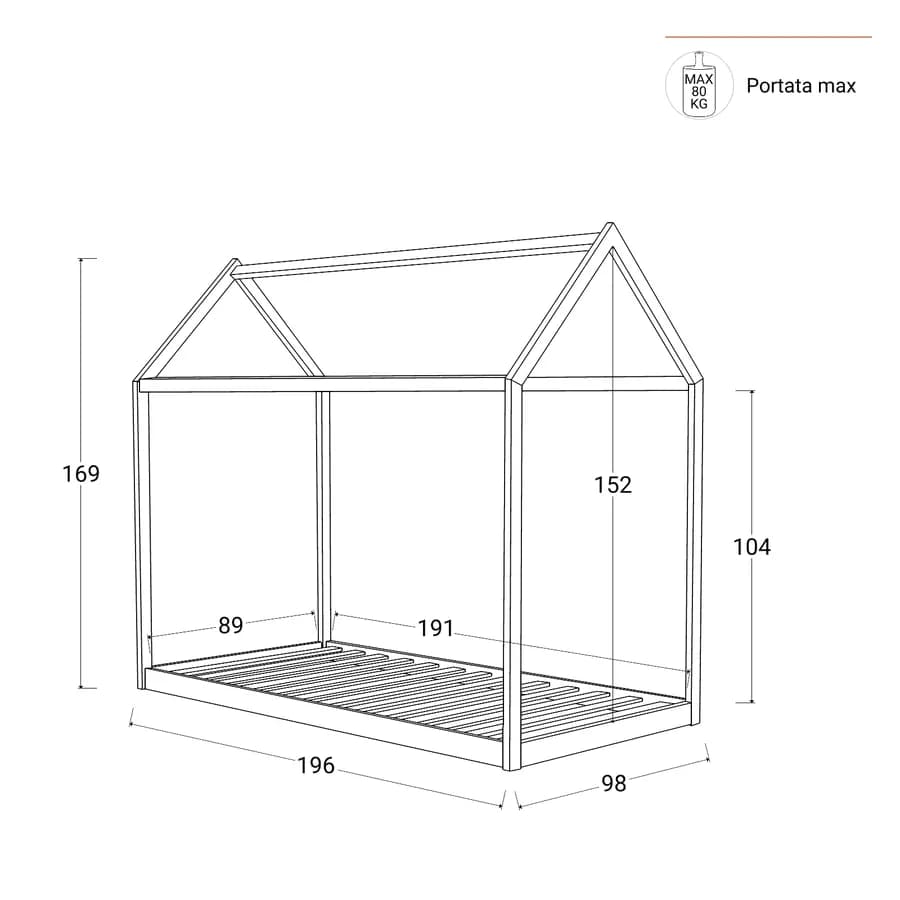 Letto per bambini 90x190 cm in legno naturale a forma di casetta - Lollipop