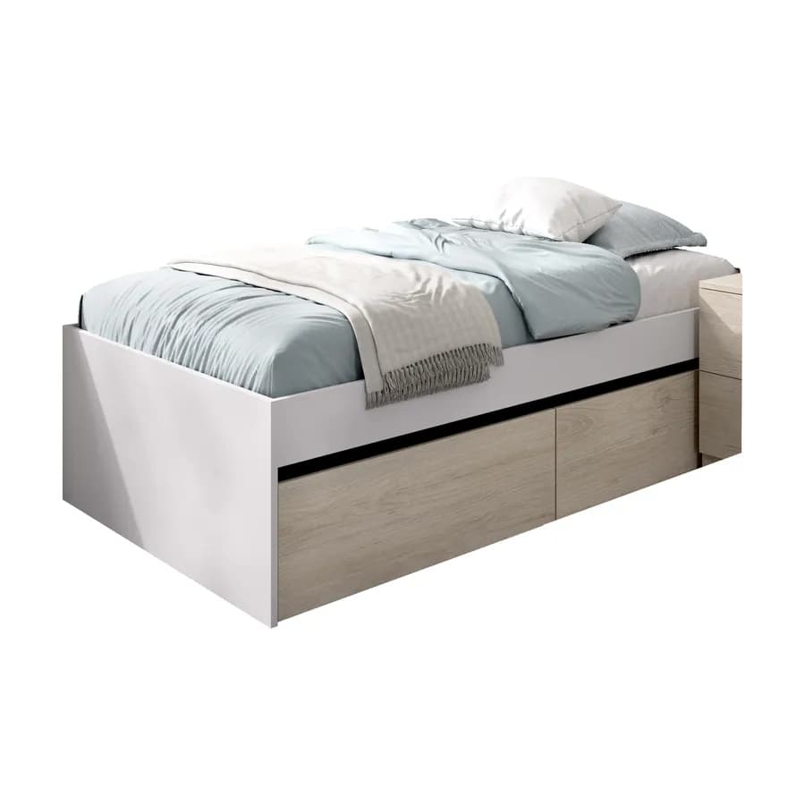 Letto singolo 90x190 cm bianco con 2 cassetti effetto rovere naturale - Novak