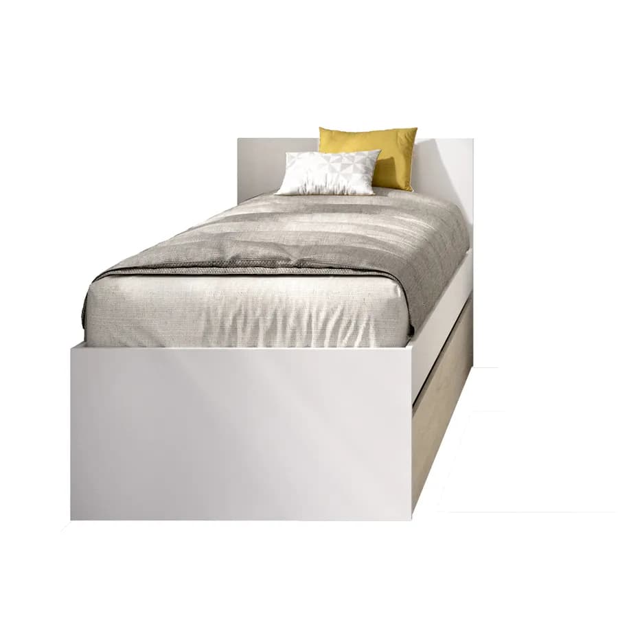 Letto singolo 90x190 cm bianco con testata e letto estraibile effetto rovere naturale - Thera