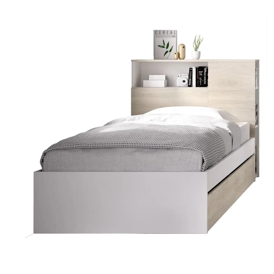 Letto singolo 90x190 cm bianco ed effetto rovere naturale con testata reversibile e vani e cassetti - Kygo