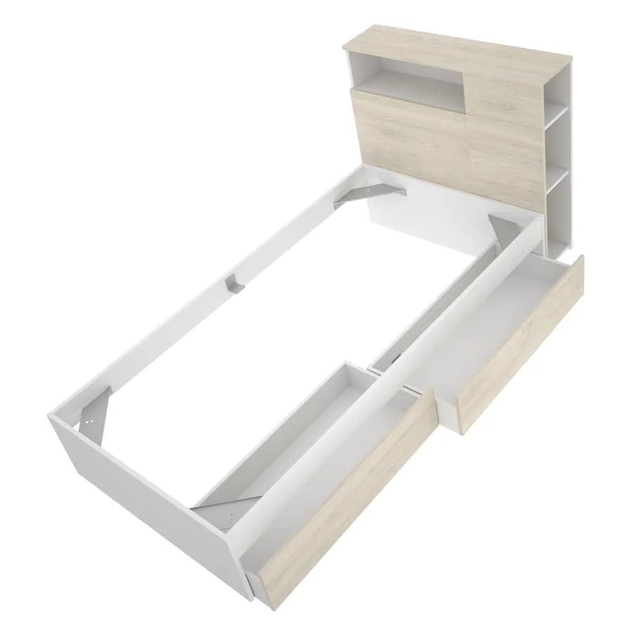 Letto singolo 90x190 cm bianco ed effetto rovere naturale con testata reversibile e vani e cassetti - Kygo
