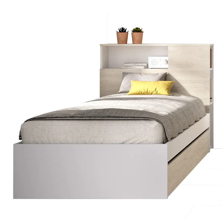 Letto singolo 90x190 cm bianco ed effetto rovere naturale con testata reversibile e vani e letto estraibile - Kygo