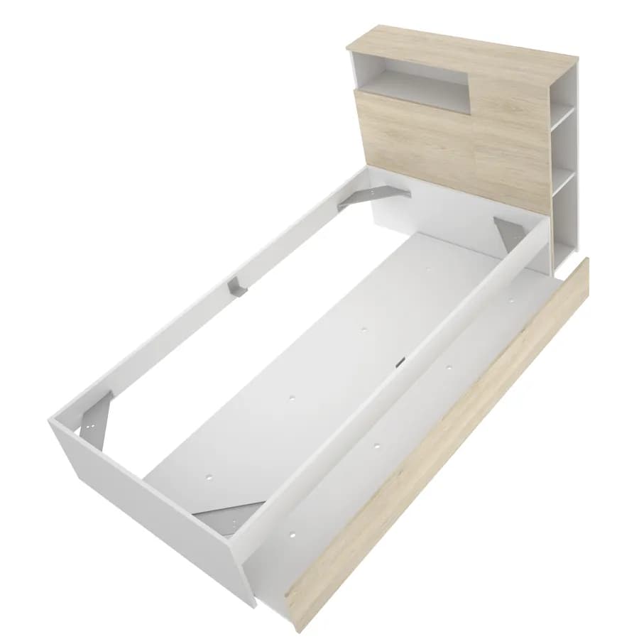 Letto singolo 90x190 cm bianco ed effetto rovere naturale con testata reversibile e vani e letto estraibile - Kygo