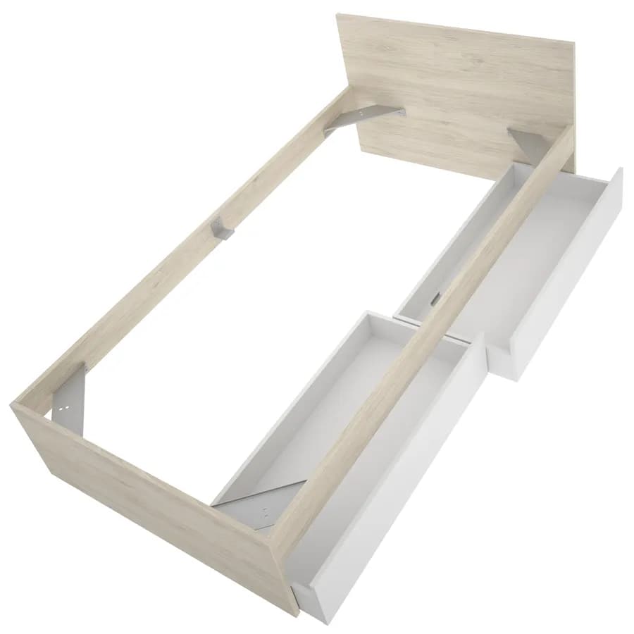 Letto singolo 90x190 cm effetto rovere naturale con testata e cassetti bianco - Thera