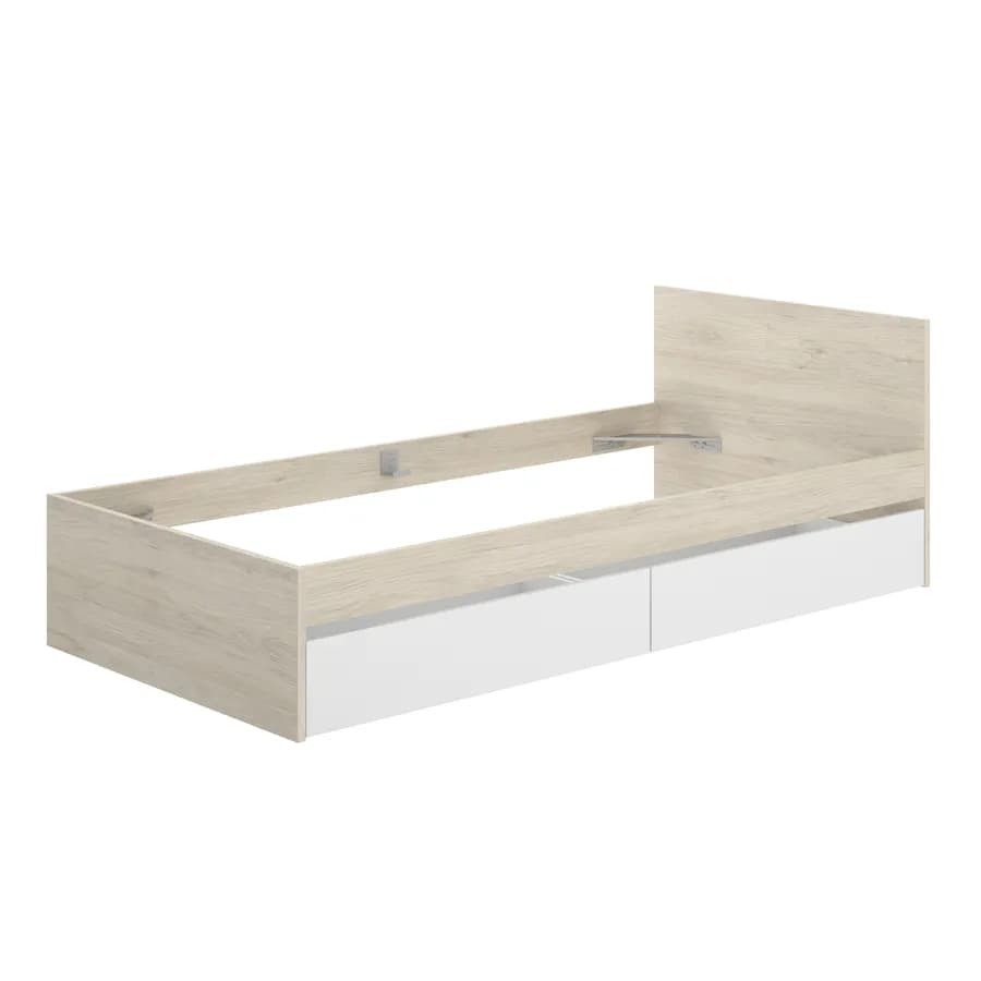 Letto singolo 90x190 cm effetto rovere naturale con testata e cassetti bianco - Thera