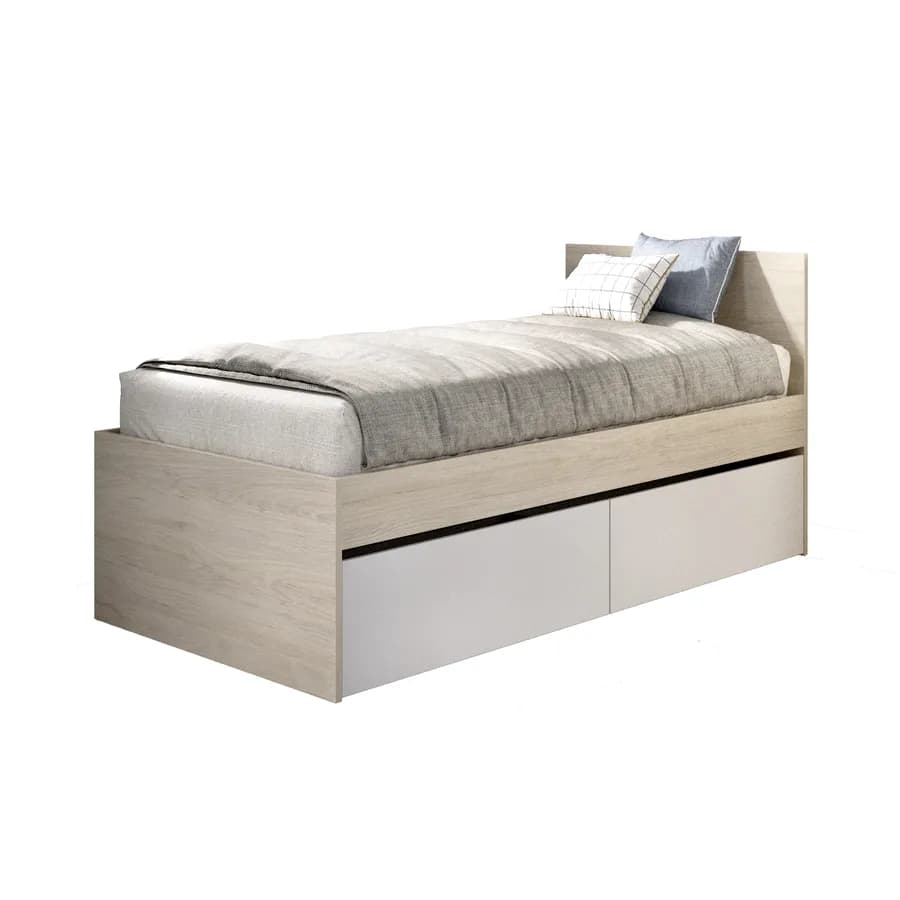 Letto singolo 90x190 cm effetto rovere naturale con testata e cassetti bianco - Thera