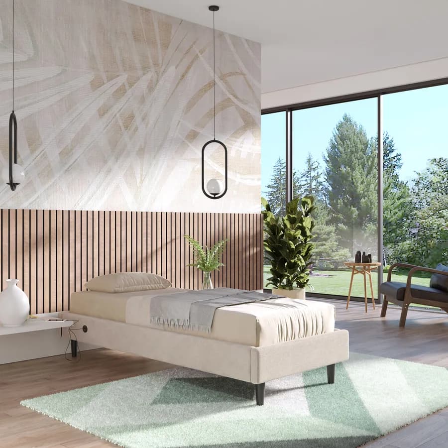 Letto singolo sommier 80x190 cm in tessuto crema con prese USB laterali - Columbus