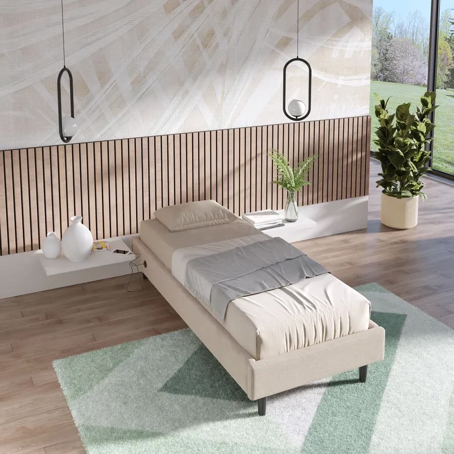 Letto singolo sommier 80x190 cm in tessuto crema con prese USB laterali - Columbus