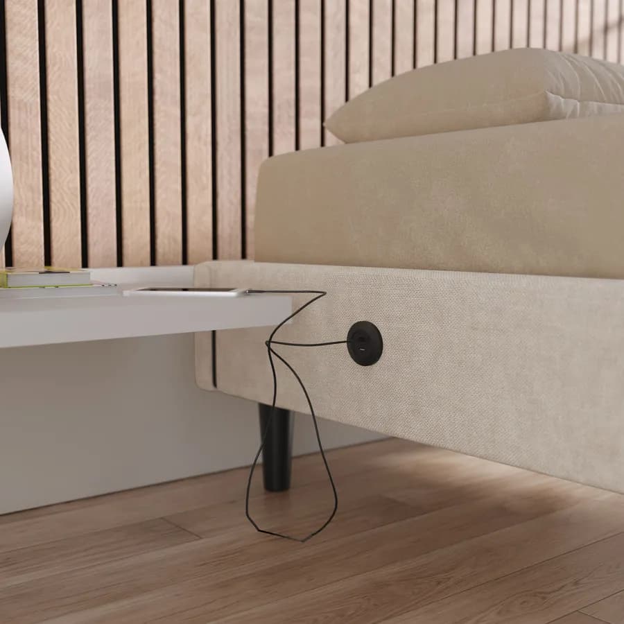 Letto singolo sommier 80x190 cm in tessuto crema con prese USB laterali - Columbus