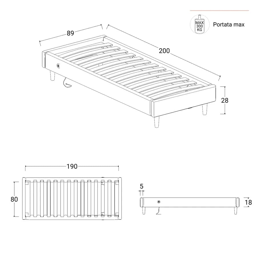 Letto singolo sommier 80x190 cm in tessuto crema con prese USB laterali - Columbus