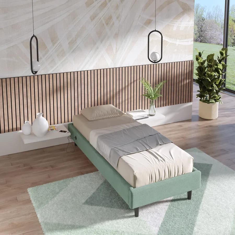 Letto singolo sommier 80x190 cm in tessuto verde salvia con prese USB laterali - Columbus