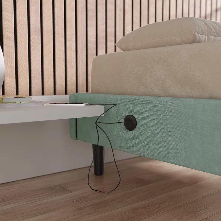 Letto singolo sommier 80x190 cm in tessuto verde salvia con prese USB laterali - Columbus
