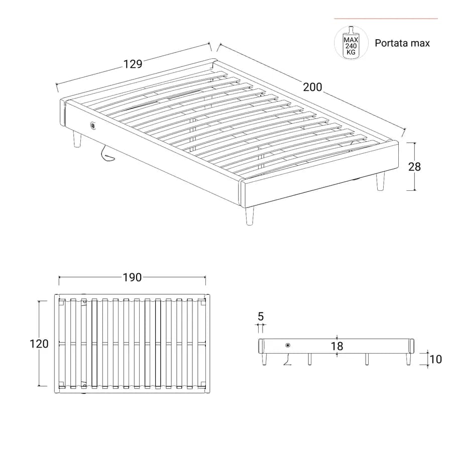 Letto una piazza e mezza sommier 120x190 cm in tessuto verde salvia con prese USB laterali - Columbus