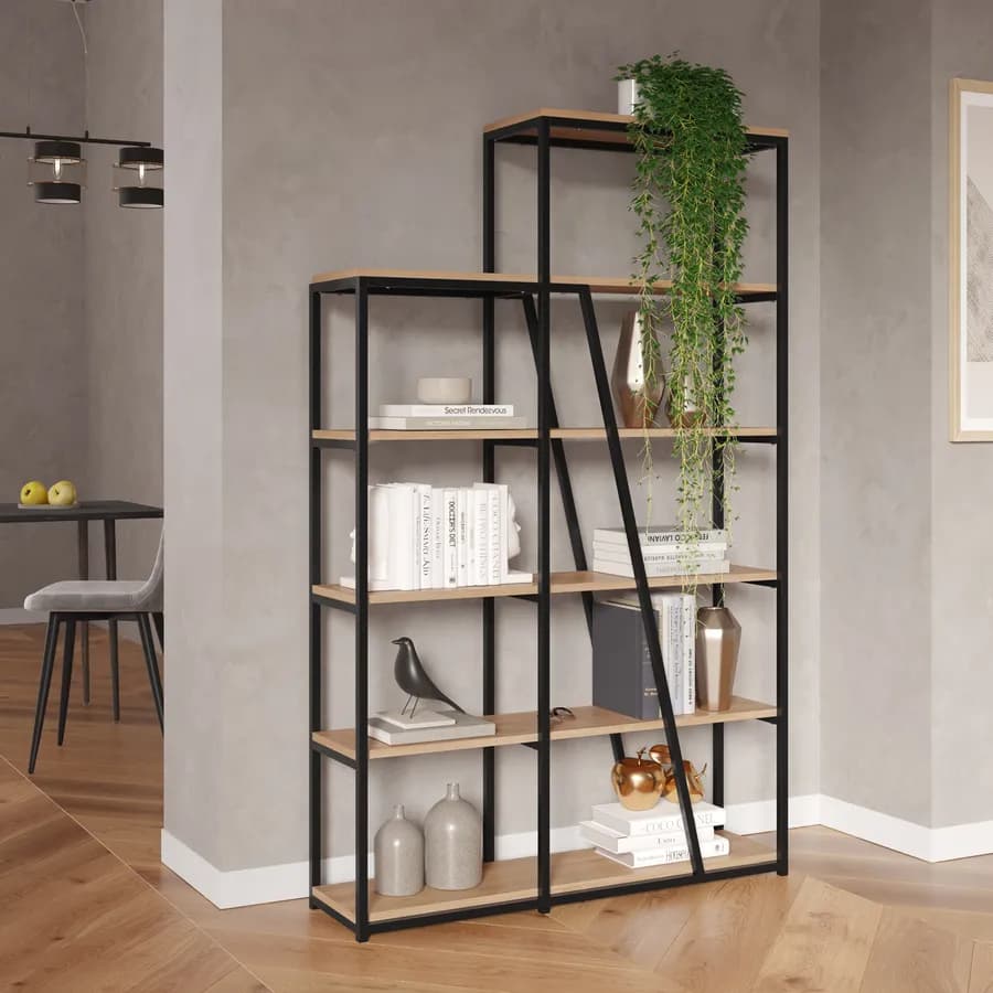 Libreria 110x178h cm con ripiani rovere e e struttura in metallo nero - Rubiza