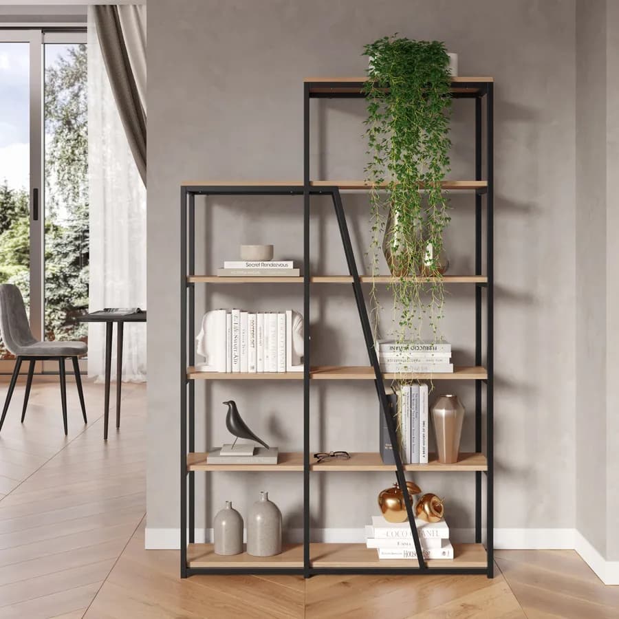 Libreria 110x178h cm con ripiani rovere e e struttura in metallo nero - Rubiza
