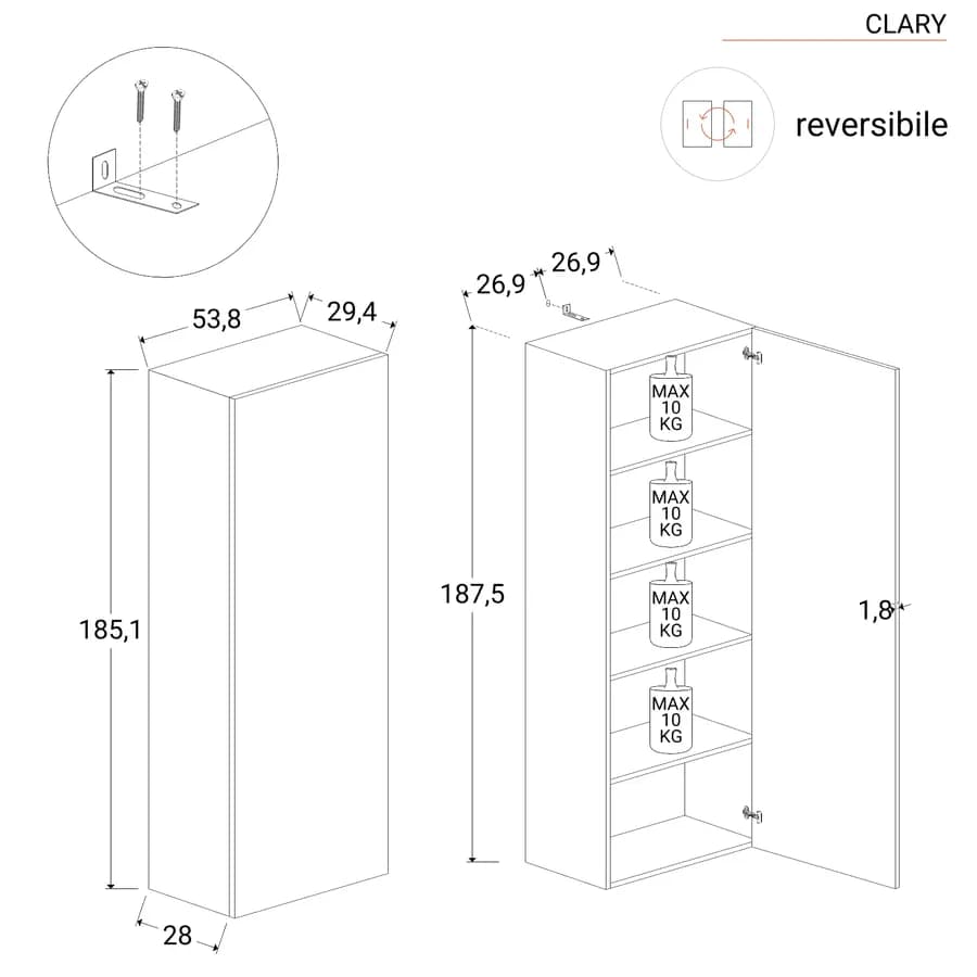 Libreria 109x185h cm 3 elementi argilla con vani a giorno e anta - Clary
