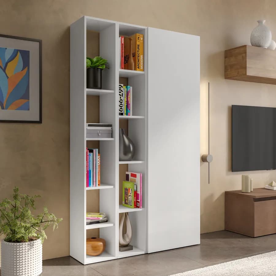 Libreria 109x185h cm 3 elementi bianco lucido con vani a giorno e anta - Clary