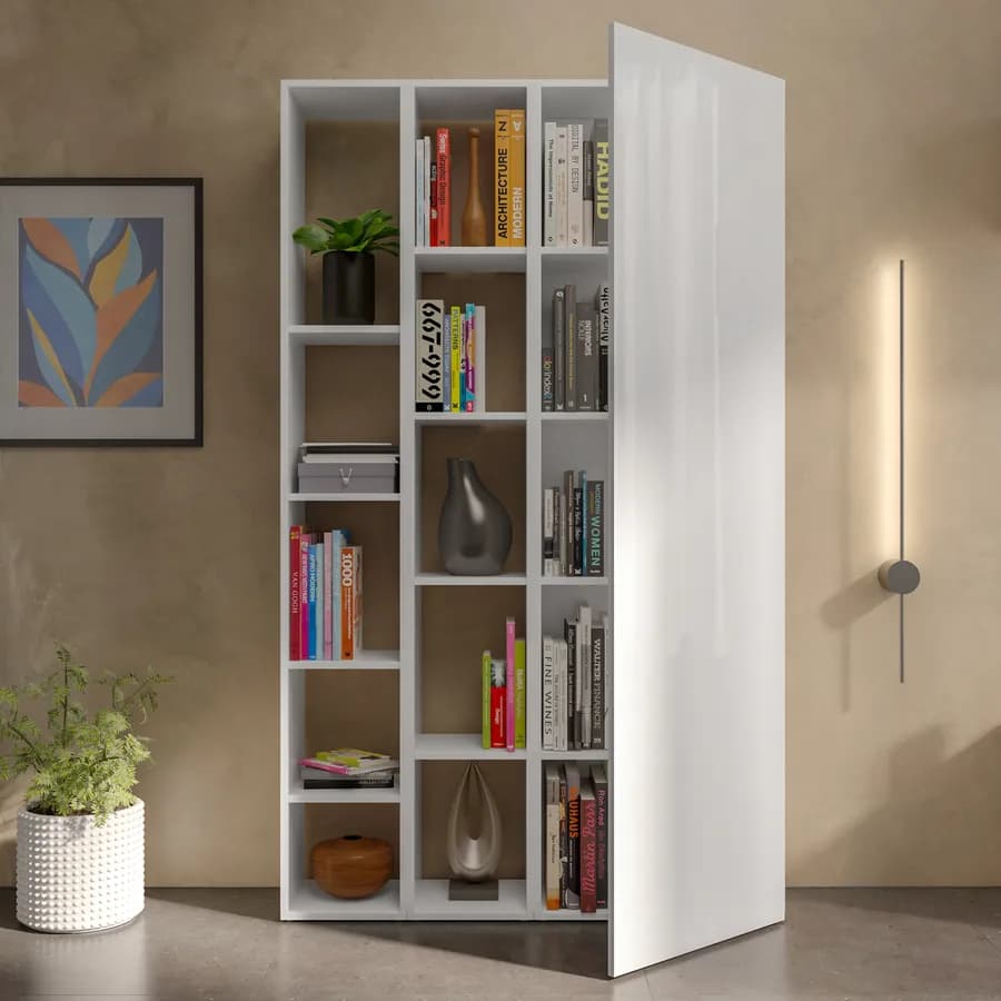 Libreria 109x185h cm 3 elementi bianco lucido con vani a giorno e anta - Clary