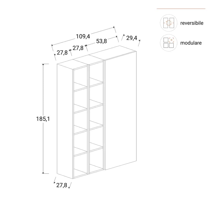 Libreria 109x185h cm 3 elementi bianco lucido con vani a giorno e anta - Clary