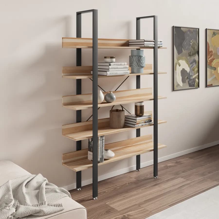 Libreria 120x171h cm con ripiani effetto rovere e struttura in metallo nero - Caio