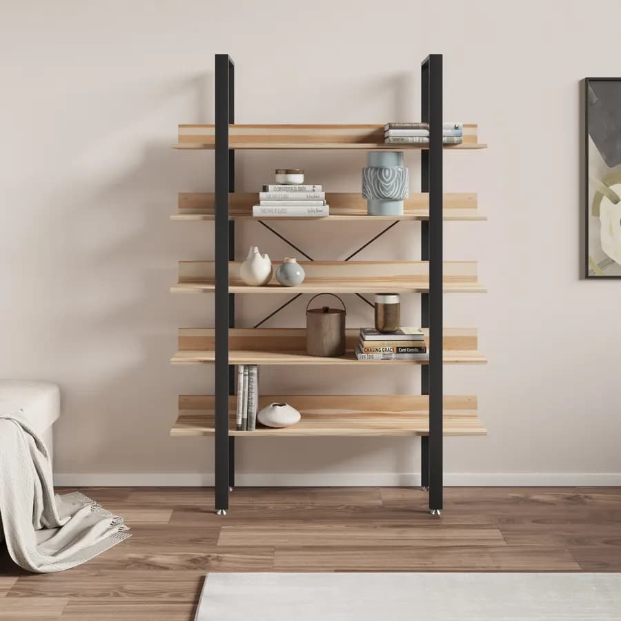 Libreria 120x171h cm con ripiani effetto rovere e struttura in metallo nero - Caio