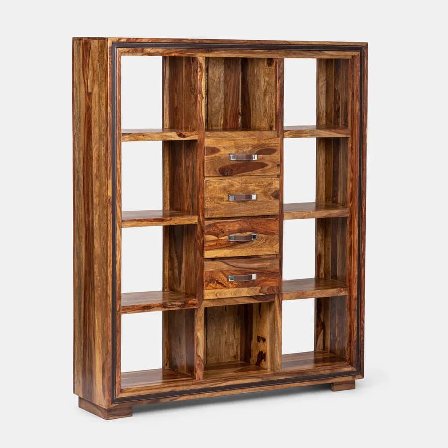 Libreria 148x181h cm in legno con vani a giorno e 4 cassetti - Freia Sheesham