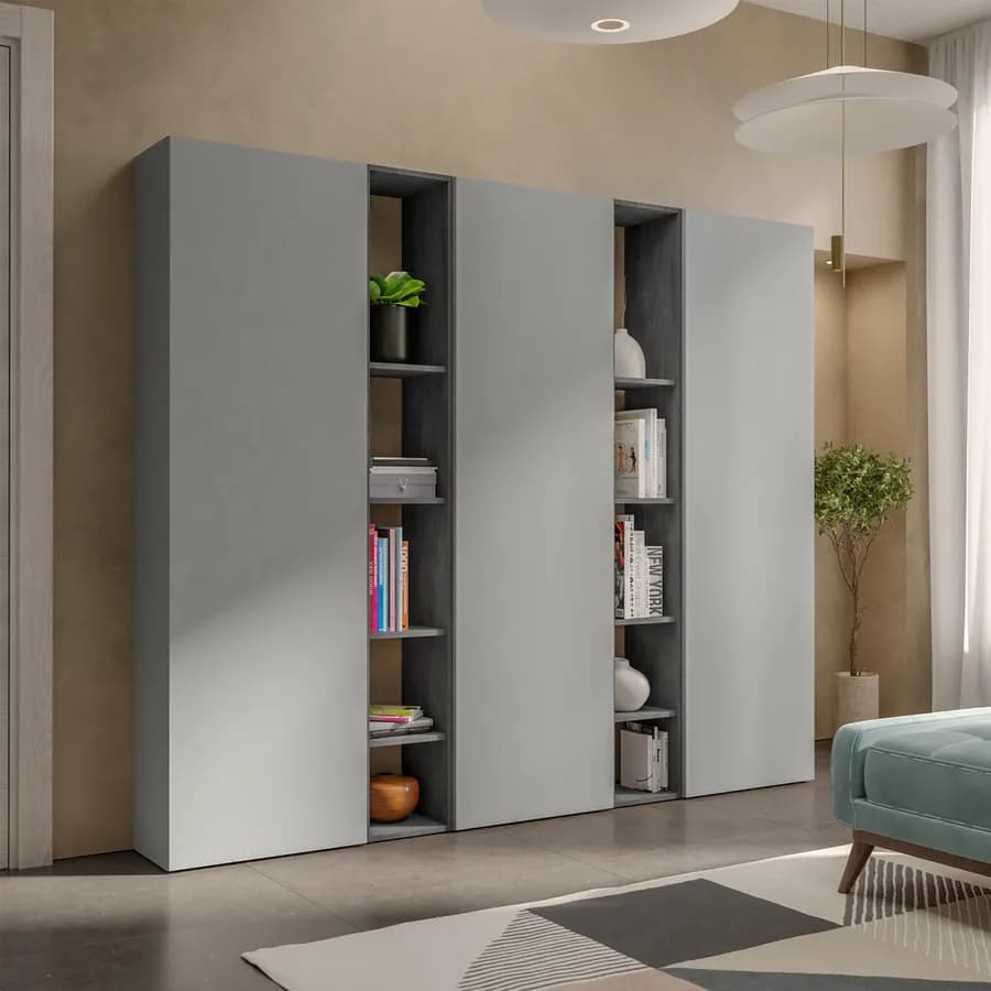 Libreria 217x185h cm 5 elementi con vani a giorno piombo e 3 ante ardesia - Clary