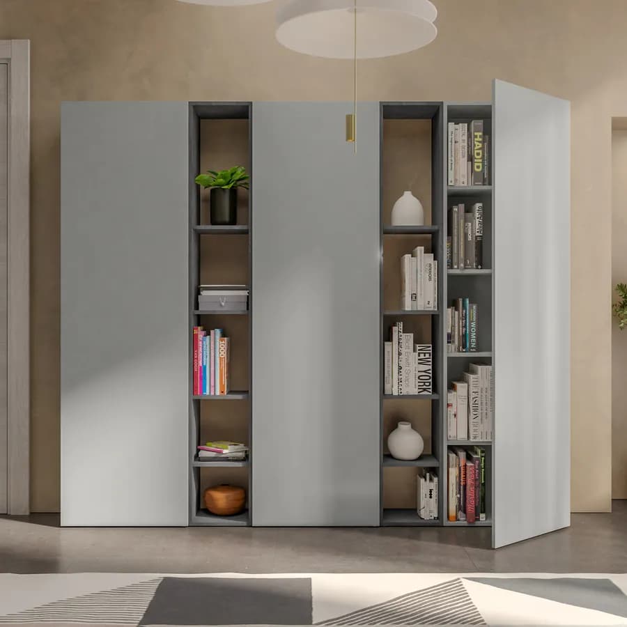 Libreria 217x185h cm 5 elementi con vani a giorno piombo e 3 ante ardesia - Clary