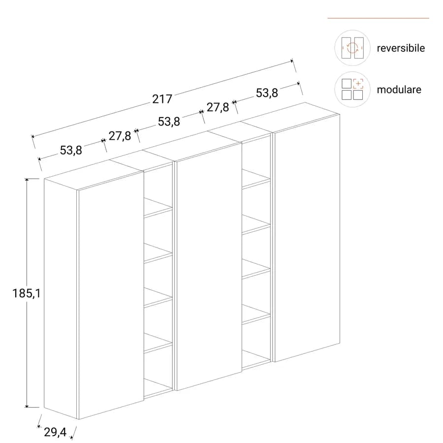 Libreria 217x185h cm 5 elementi piombo con vani a giorno e 3 ante - Clary