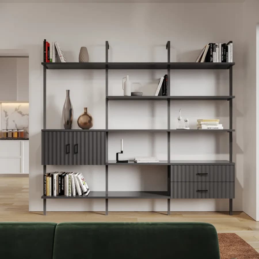 Libreria 234x216h cm con 2 ante e 2 cassetti con soft close antracite cannettato e dettagli nero opaco - Lofti