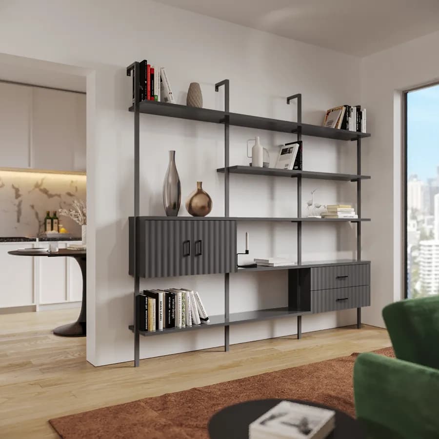 Libreria 234x216h cm con 2 ante e 2 cassetti con soft close antracite cannettato e dettagli nero opaco - Lofti