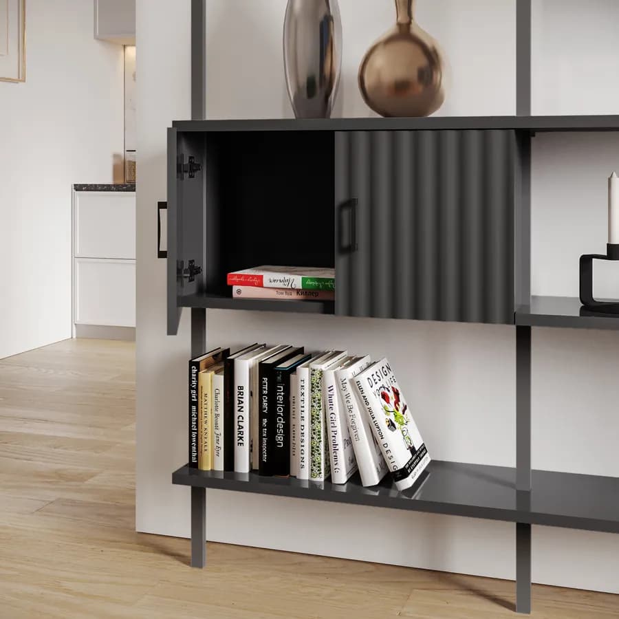 Libreria 234x216h cm con 2 ante e 2 cassetti con soft close antracite cannettato e dettagli nero opaco - Lofti
