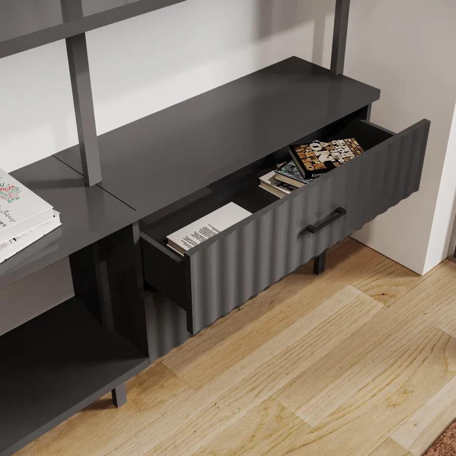 Libreria 234x216h cm con 2 ante e 2 cassetti con soft close antracite cannettato e dettagli nero opaco - Lofti