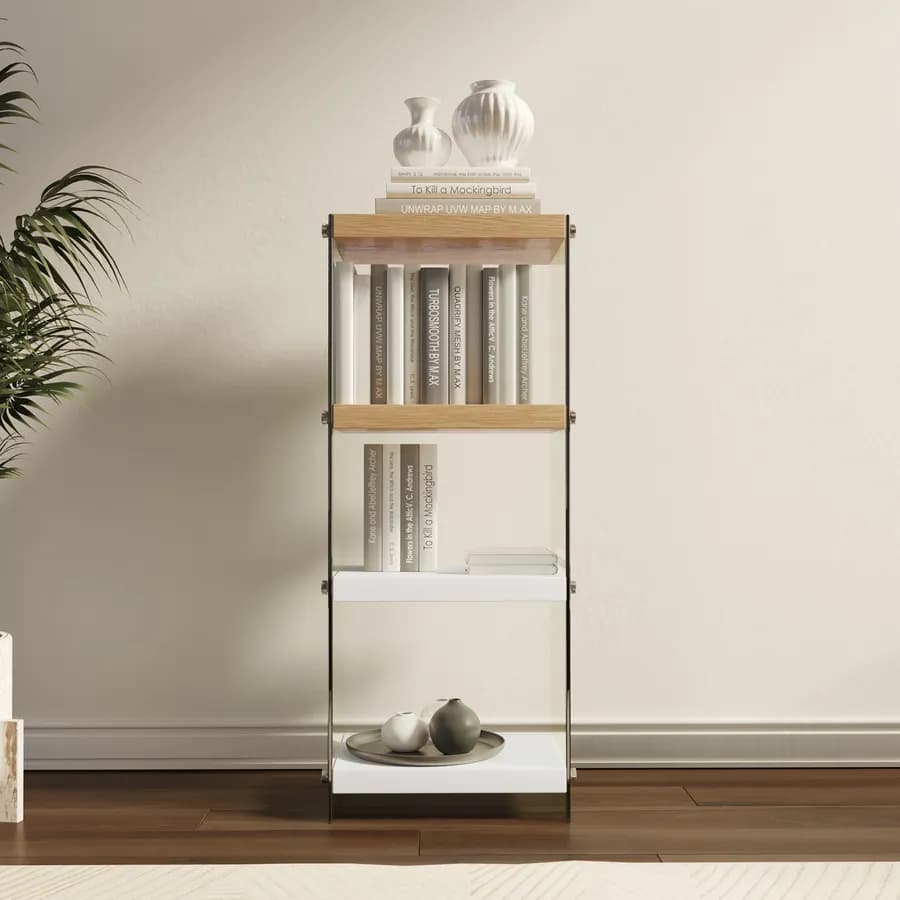 Libreria 40x100h cm in vetro temperato con ripiani bianco e rovere - City