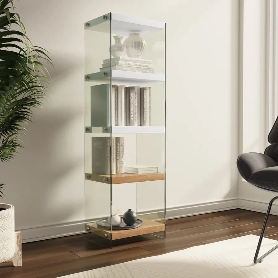 Libreria 40x131h cm in vetro temperato con ripiani bianco e rovere - City