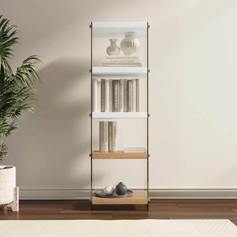Libreria 40x131h cm in vetro temperato con ripiani bianco e rovere - City