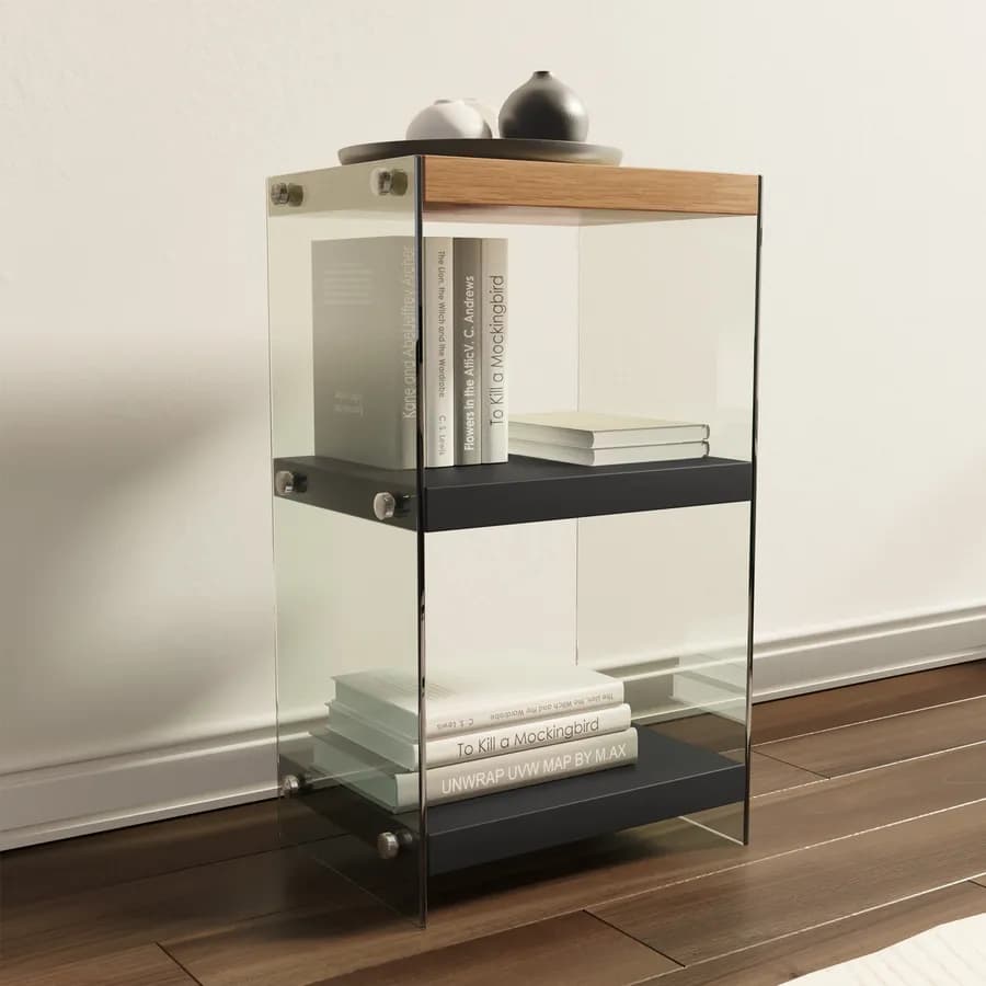 Libreria 40x70h cm in vetro temperato con ripiani nero e rovere - City
