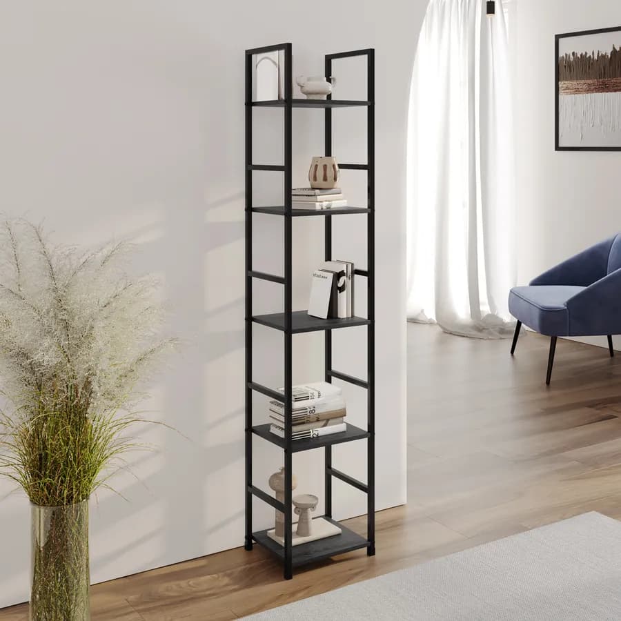 Libreria 5 ripiani 144h cm in acciaio nero e legno rovere nero - Duke